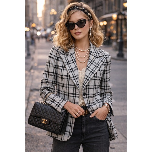 Vintage Jackets & Blazers - Vintage Black White Plaid Knit Blazer  Jacket Wide Lapel Patch Pockets Womens